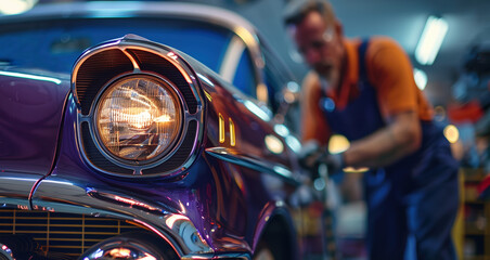 Skilled mechanic restoring classic purple car in garage. Gleaming chrome accents and detailed design show passion. Close-up shot captures dedication and craftsmanship