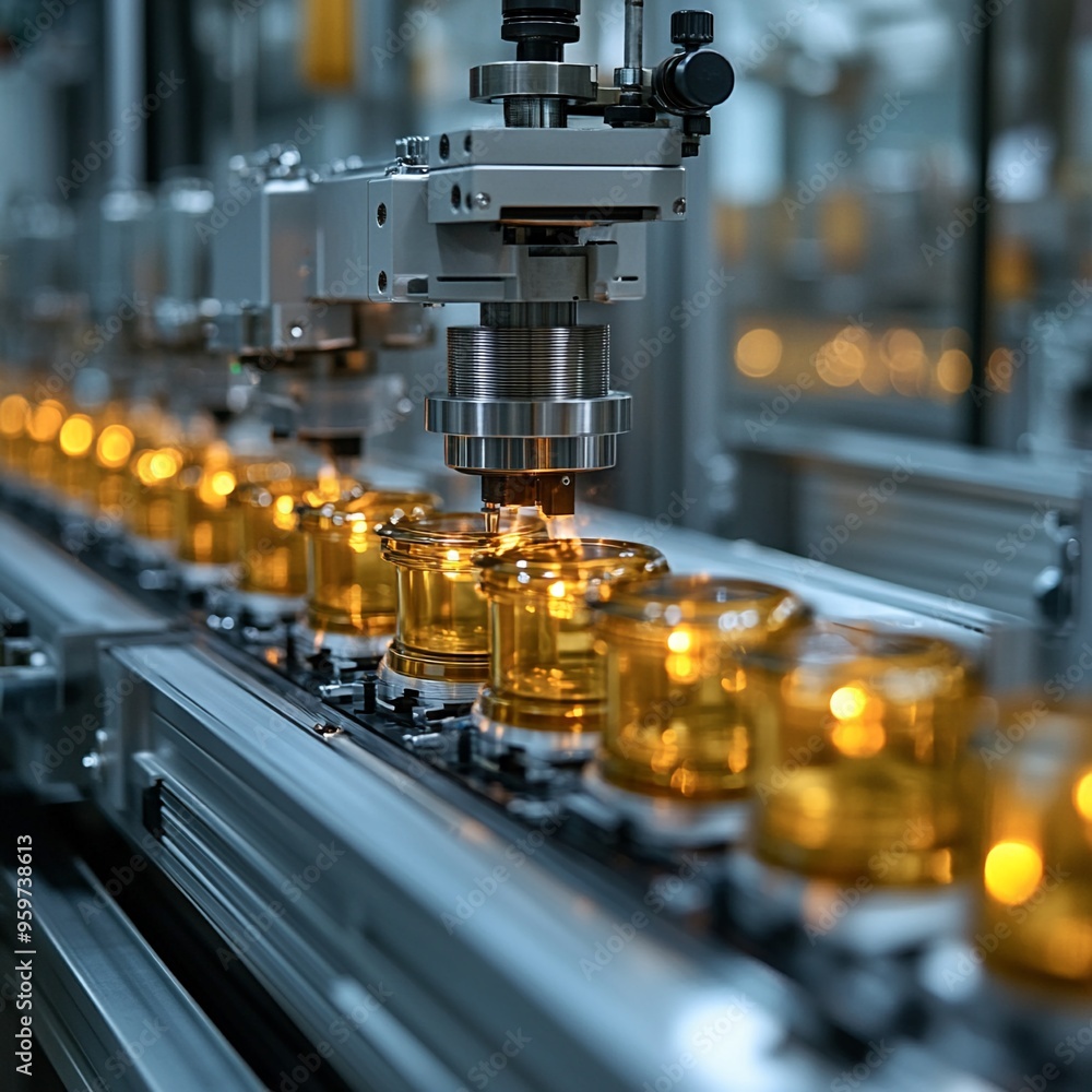 Aufkleber automated precision: close-up view of a robotic arm meticulously assembling a line of amber glass ja