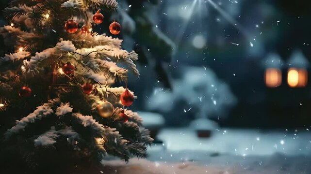 Video recreation of a christmas tree with glass balls a snowy night