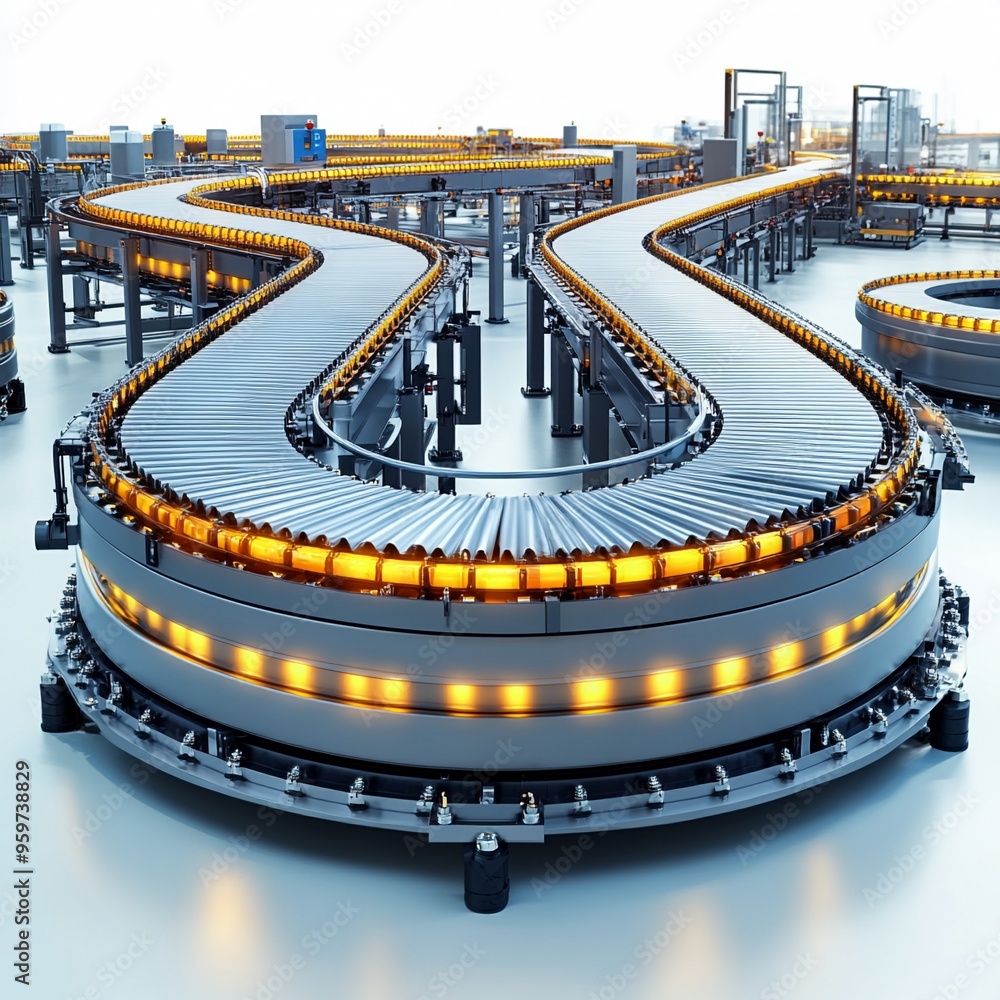 Poster illuminated automation: a futuristic conveyor belt system, bathed in the warm glow of progress, snak