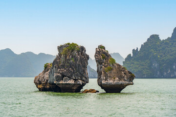 Fighting Cocks aka Trong Mai or Ga Choi Islets in Ha Long Bay, Vietnam