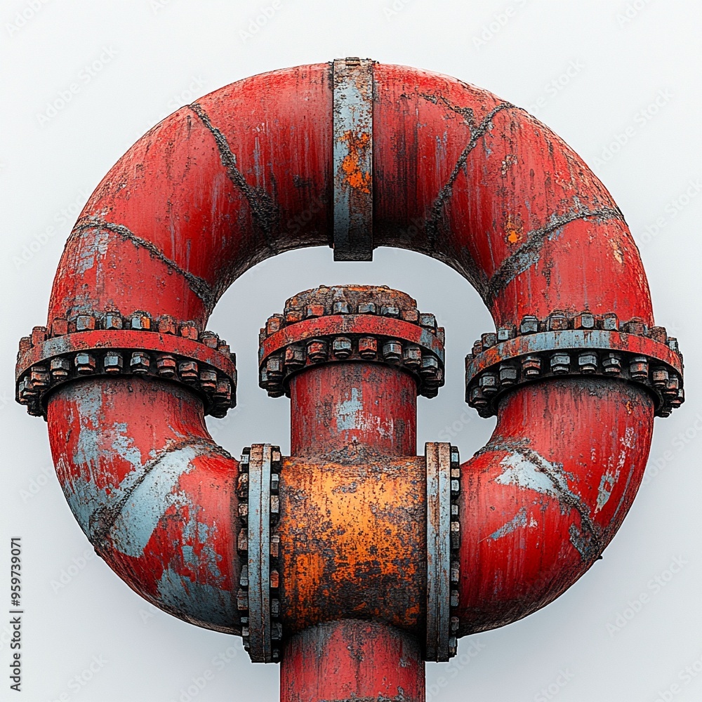 Poster rusty industrial strength: a weathered red pipe section, adorned with bolts and flanges, forms an ab