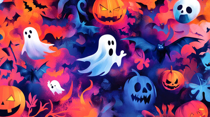 A lively composition features colorful pumpkins, playful ghosts, and enchanting witches in a festive Halloween atmosphere
