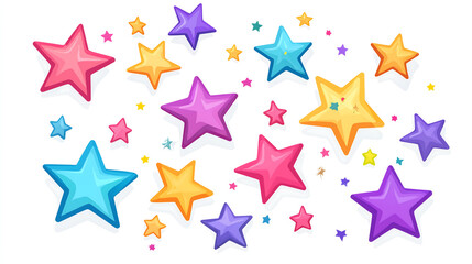 Cute cartoon stars of various sizes and colors floating in the air, vector illustration style on a white background