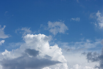 White cloud or cloudscape with blues clear sky in sunny day on rain season, weather forecast and climate change concept, copy space for text