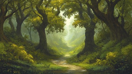 Fototapeta premium A serene pathway through a lush, green forest filled with ancient trees and vibrant foliage.