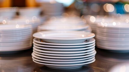 Closeup clean plates stack on a table ready for use