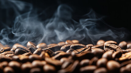 Close-up of roasted coffee beans with smoke on a black background.