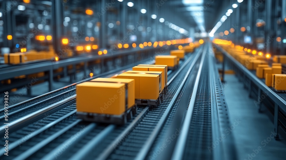Aufkleber automated logistics hub: yellow packages journey on a conveyor belt in a high-tech, futuristic facto