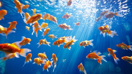 Fototapeta premium A large group of goldfish swimming in an aquarium