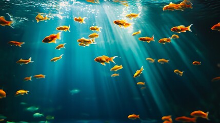 A large group of goldfish swimming in an aquarium