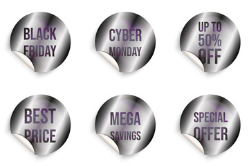 Set holographic Black Friday sticker isolated transparent background. Business sticker collection for big Sale promotion design. Vector illustration in trendy hologram chrome style. EPS 10