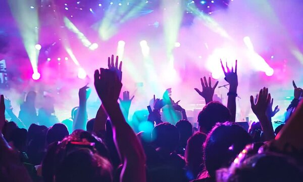 Concert Crowd Cheering Under Colorful Lights