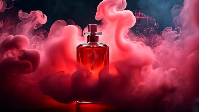 Perfume bottle surrounded by vibrant red and pink smoke, artistic concept