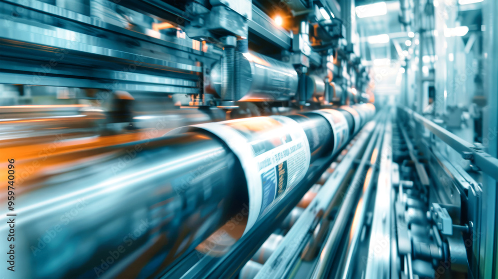 Poster a high-speed printing press operates swiftly, moving newspaper rolls and printed pages in an industr