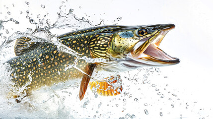 Naklejka premium This vibrant pike fish bursts from the water, its mouth open wide, creating a stunning splash while showcasing mesmerizing detailing in bright light