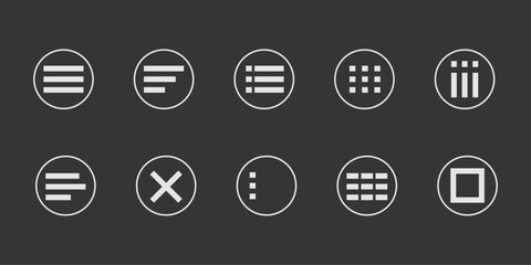 Menu for apps and web Hamburger Menu dropdown in circle. Set interface icons, popup bar, template. Application list burger button