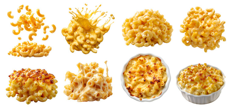 Classic american cheesy Macaroni mac and cheese, many angles and view side top front bowl dropping splash flying isolated on transparent cutout, PNG file. Mockup template for artwork design