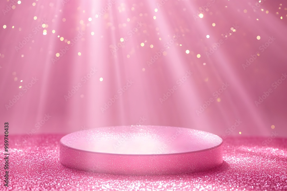 Poster a pink circular podium on the ground with light rays and glitter background for product display or a