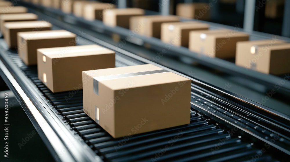 Poster boxes are smoothly moving along a conveyor belt, showcasing an efficient sorting process in a sleek,