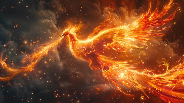 Stunning illustration of a phoenix bird rising amidst glowing embers and flames, symbolizing rebirth, power, and transformation