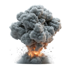 A dramatic explosion with thick, gray smoke and bright flames, showcasing the power and intensity of a blast in a cinematic style.
