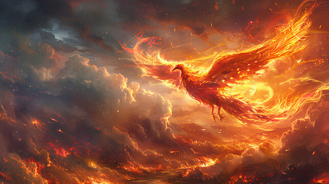 Stunning illustration of a phoenix bird rising amidst glowing embers and flames, symbolizing rebirth, power, and transformation