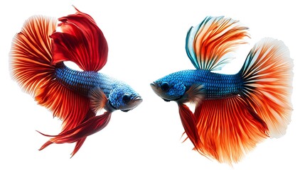 Fototapeta premium Swirling Fins Battle: Energetic Blue and Red Fighting Fish in Dynamic Action on White Background
