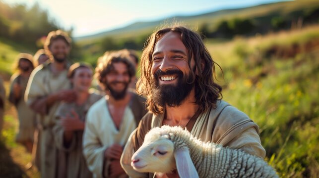 Jesus christ is smiling while holding a lamb as a shepherd with his flock in a field