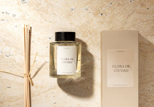 Branding Flatlay Reed Diffuser Bottle Label And Box Mockup