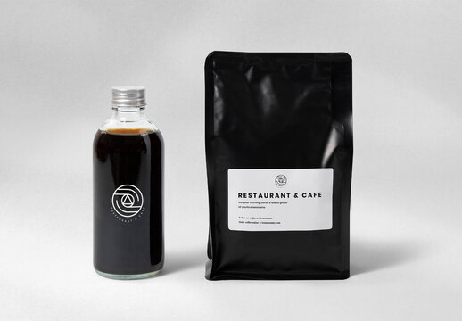 Branding Cofee Bean Bag Label And Bottle Sitcker Mockup