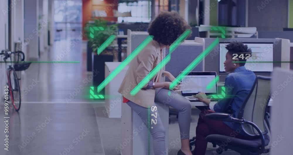 Aufkleber discussing project over computer, colleagues in office with digital animation overlay