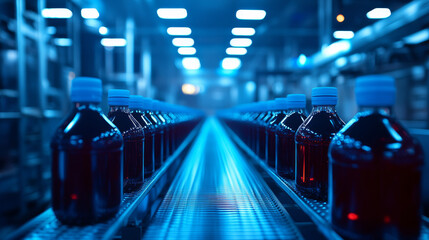 Obraz premium Conveyor belt with juice bottles in a blue-toned beverage factory.