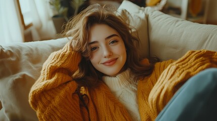 A young woman relaxes on a couch wearing a cozy sweater in a sunlit living room filled with plants during autumn