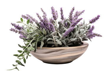 Fototapeta premium A serene arrangement of lavender and eucalyptus in a rustic wooden bowl, isolated on white background