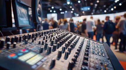 Obraz premium A close-up of a sound mixing console with blurred crowd in the background, showcasing the vibrant atmosphere of a live event.