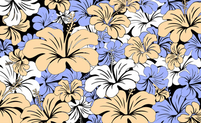 Hibiscus flowers Pattern. Hawaiian Seamless Pattern. Tropical flowers and Leaves. Hawaiian Aloha Shirt. Design for fabric, textile, wallpaper, clothing. floral background. vector illustration