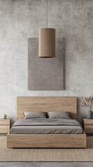 Luxury minimalist bedroom composition with wood accents, natural window lighting and elegant beige decor