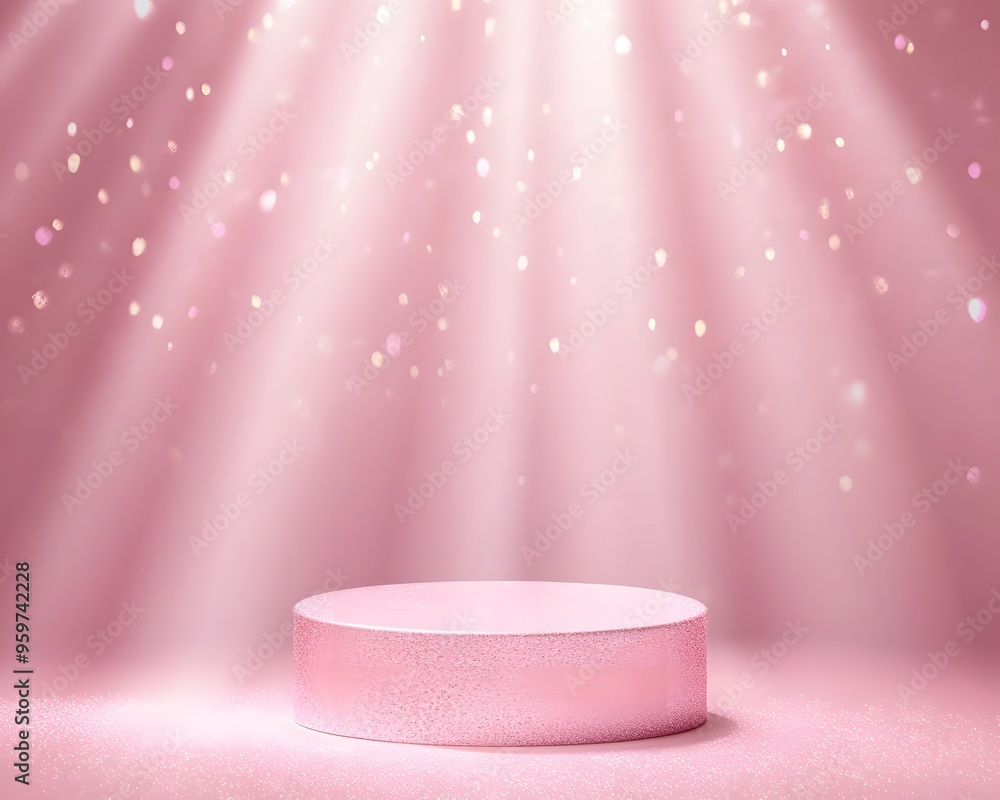 Poster a pink circular podium on the ground with light rays and glitter background for product display or a