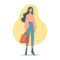 Fashionable woman shopping with carrying bags flat style vector illustration