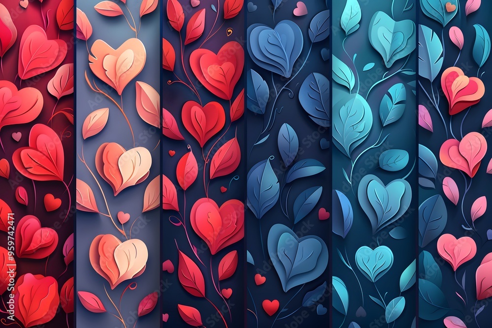 Poster vibrant heart and leaf patterns in a colorful gradient design