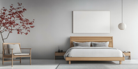 Luxury minimalist bedroom composition with wood accents, natural window lighting and elegant beige decor