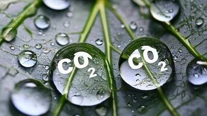 Close-up of water droplets on a green leaf with "CO2" inscriptions, symbolizing carbon dioxide. The image highlights environmental concerns related to greenhouse gases, climate change, and carbon foot