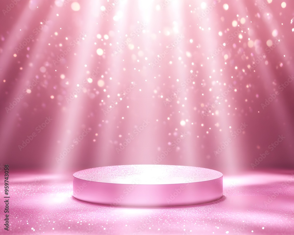 Poster a pink circular podium on the ground with light rays and glitter background for product display or a