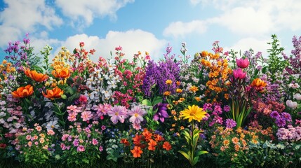 Fototapeta premium Vibrant Flower Garden in Full Bloom Under a Clear Blue Sky with Fluffy White Clouds
