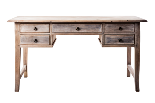 A rustic wooden desk with a weathered finish, isolated on a white background.