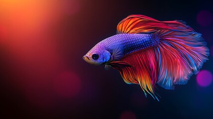 Fototapeta premium Majestic Betta Fish Gliding in Radiant Rainbow Colors Against Dark Background