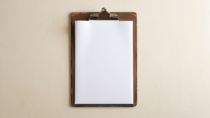 Blank Clipboard with Paper on Beige Wall Background
