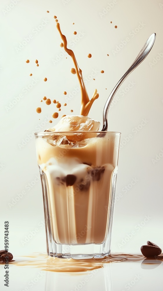 Poster a refreshing glass of iced coffee with cream and ice cubes being splashed in a bright setting on a w
