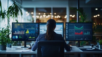 business analyst working with data visualization on multiple screens